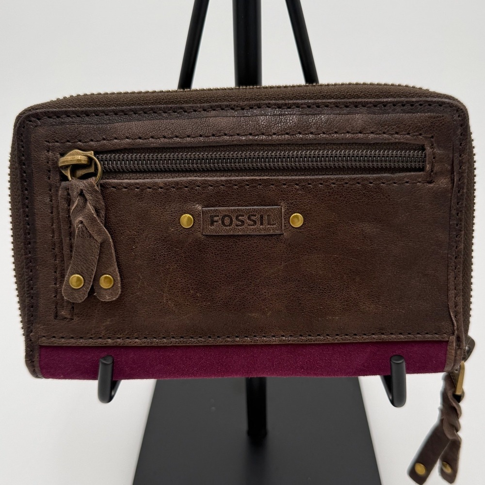 Fossil Multi Color Patchwork Leather Suede Zip Around Wallet Brown Boho EUC - Picture 2 of 10